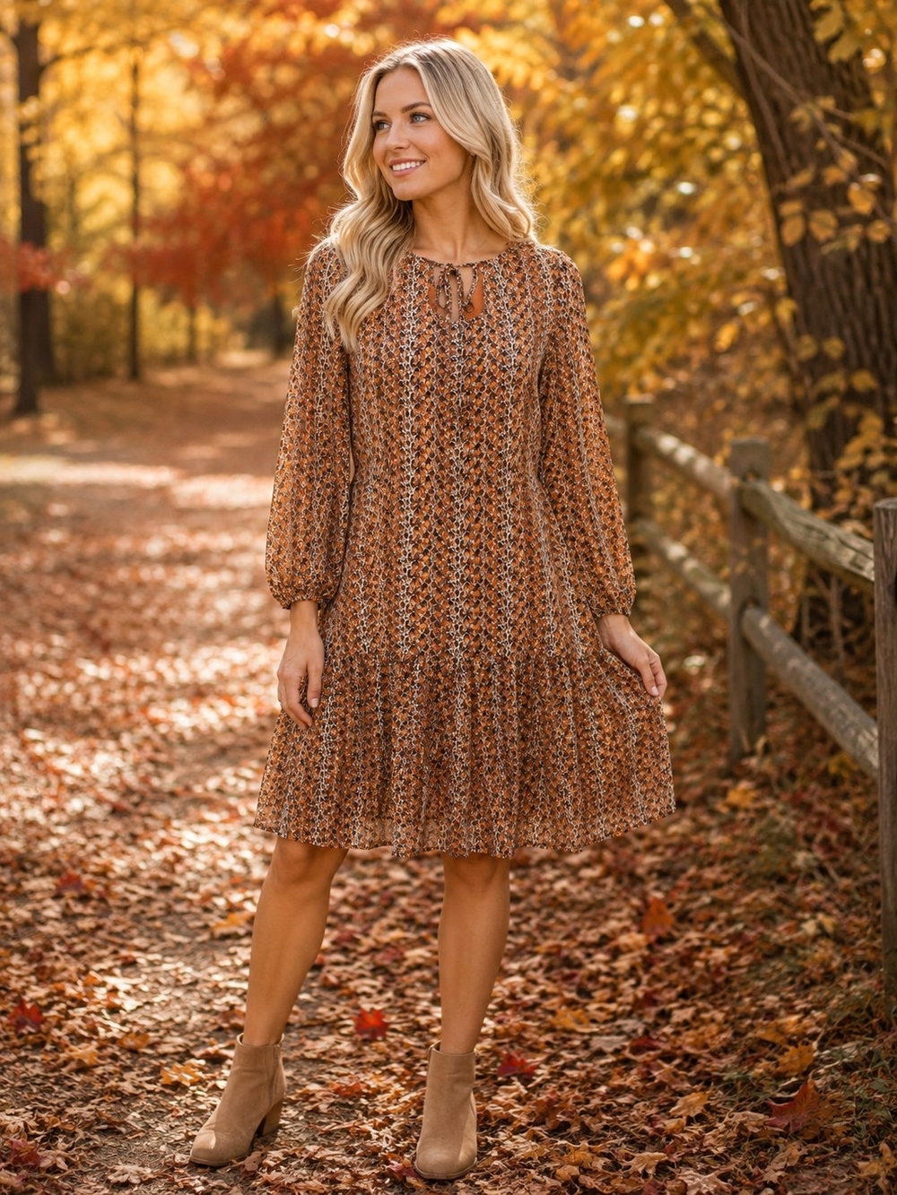 Molly Bracken Brown Printed Long-Sleeve Mini Dress